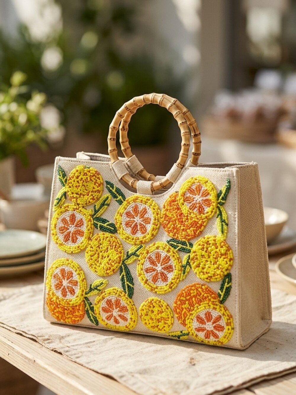 America & Beyond Citrus Bloom Beaded tote removable crossbody and Bamboo handle